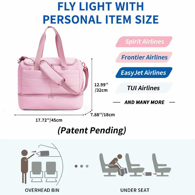 A dimension diagram of the pink travel bag showing its personal item size next to airline logos and a graphic showing it fitting under an airplane seat.