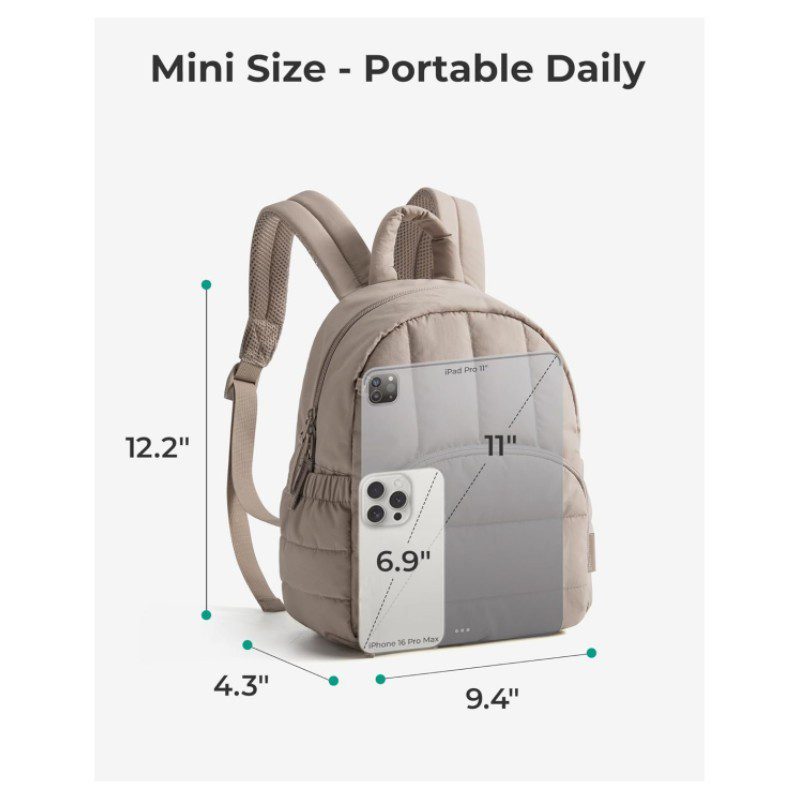 An open beige bag showing an 11 inch iPad inside alongside close ups of its side pockets and front pocket
