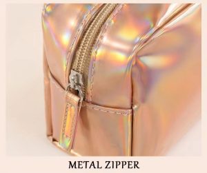 Metal zipper detail of holographic cosmetic