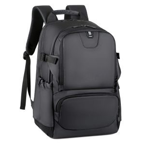 black waterproof nylon backpack with reflective strip and front zip pocket