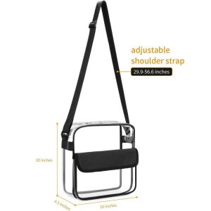 A dimension diagram of the clear crossbody bag showing it is 10 by 10 by 4.5 inches, with an adjustable strap ranging from 29.9 to 56.6 inches.