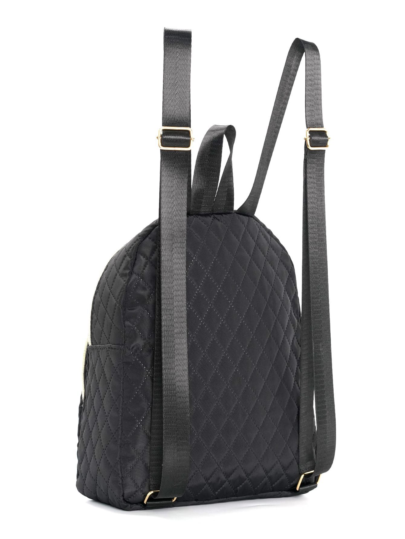 05 A rear view of the black quilted mini backpack showing the adjustable shoulder straps and top handle.