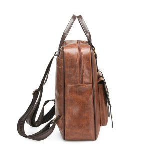 side view of vintage PU leather backpack with side zipper pocket 