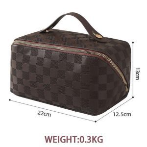 A dimension diagram of the brown bag showing it is 22cm long 12.5cm wide and 13cm high with a weight of 0.3kg.