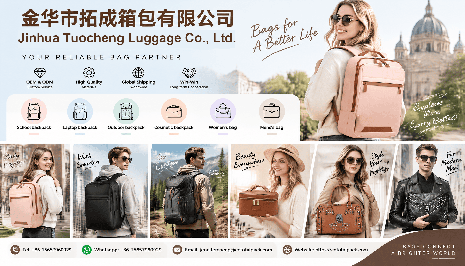 Jinhua Tuocheng Luggage OEM bag manufacturer banner featuring school backpacks, cosmetic bags, women's bags, and men's bags.