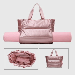 A metallic pink quilted tote bag shown holding a pink yoga mat on the side alongside close ups of its open interior.