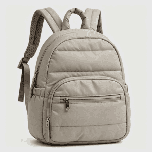 An infographic showing the beige backpack with text indicating customizable colors logos materials and packaging options