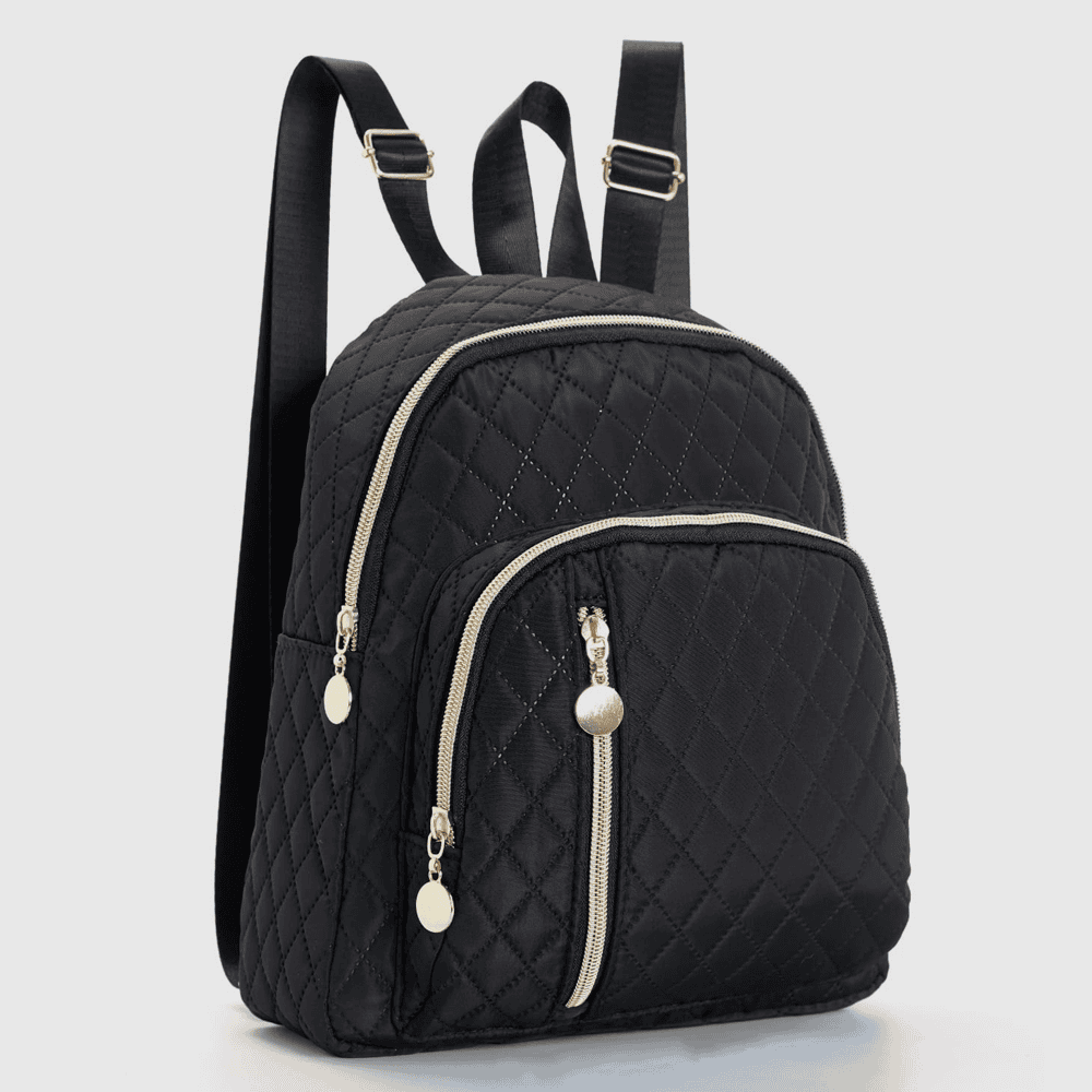 主图标准 A black quilted mini backpack with a front zip pocket and adjustable shoulder straps standing on a white surface.
