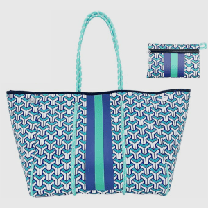 blue waterproof tote bag with small pouch