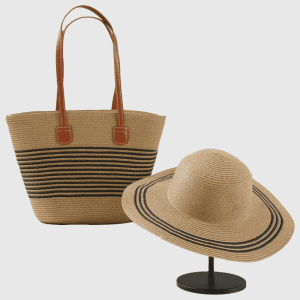 black striped tote bag and hat set