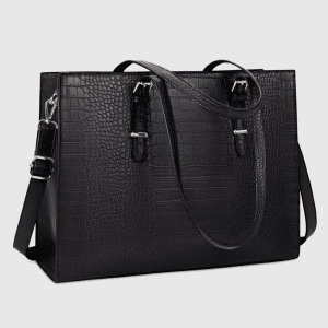 A black crocodile pattern PU leather tote bag with gold hardware and a detachable shoulder strap.