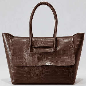 A brown PU leather tote bag with a stone texture and a wide front flap closure standing upright.